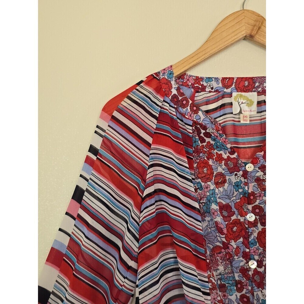 Fig & Flower Blouse Womens PS Boho Floral Stripe Tie Front 3/4 Sleeve - Picture 4 of 12